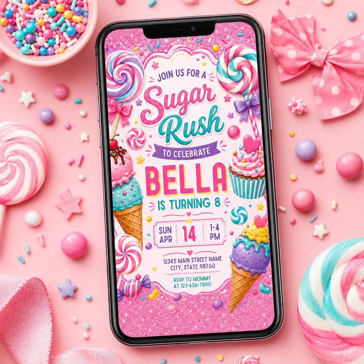 Sweets Candy Birthday Invitation, Sweet Celebration Birthday Girl, Candyland Invitation, Dessert Theme Party Invite, Editable Canva Template __etsy:8012740692