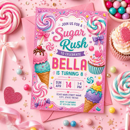 Sweets Candy Birthday Invitation, Sweet Celebration Birthday Girl, Candyland Invitation, Dessert Theme Party Invite, Editable Canva Template __etsy:8012739968