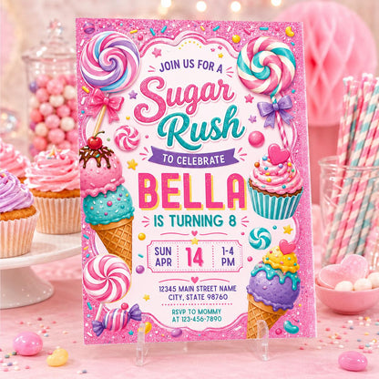 Sweets Candy Birthday Invitation, Sweet Celebration Birthday Girl, Candyland Invitation, Dessert Theme Party Invite, Editable Canva Template __etsy:8012741026