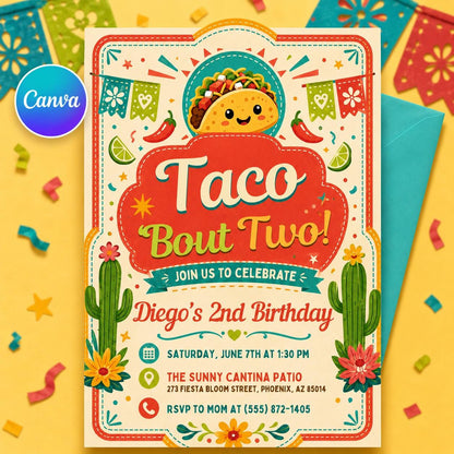 Taco Bout Two Birthday Invitation Editable, Fiesta 2nd Birthday Girl Invite, Mexican Fiesta Party Canva Template Printable __etsy:8104236791