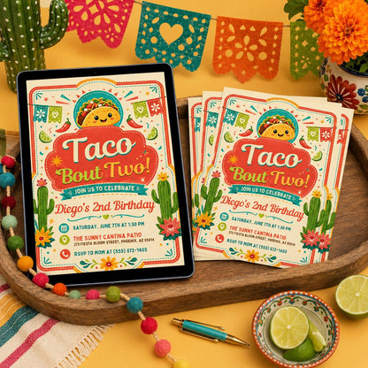 Taco Bout Two Birthday Invitation Editable, Fiesta 2nd Birthday Girl Invite, Mexican Fiesta Party Canva Template Printable __etsy:8104236795