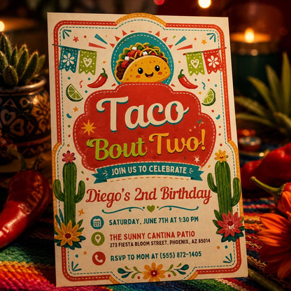 Taco Bout Two Birthday Invitation Editable, Fiesta 2nd Birthday Girl Invite, Mexican Fiesta Party Canva Template Printable __etsy:8056323530