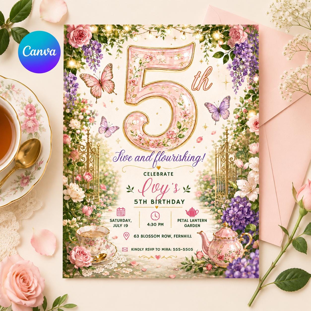 Tea Party Birthday Invitation, Floral 5th Birthday Girl Garden Par-tea Invite, Editable Printable Canva Template __etsy:8173844692