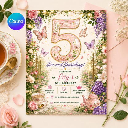 Tea Party Birthday Invitation, Floral 5th Birthday Girl Garden Par-tea Invite, Editable Printable Canva Template __etsy:8173844692