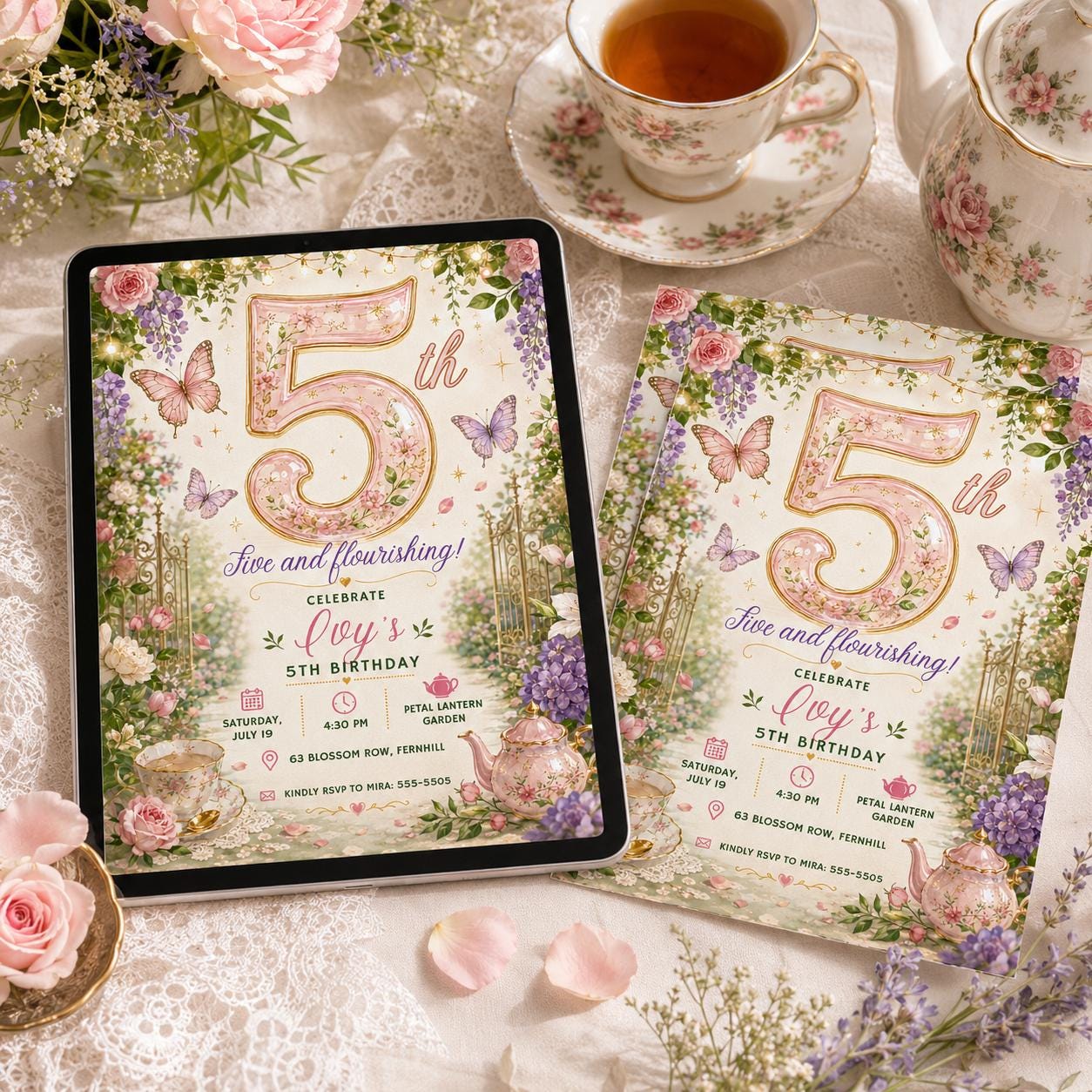 Tea Party Birthday Invitation, Floral 5th Birthday Girl Garden Par-tea Invite, Editable Printable Canva Template __etsy:8173844666