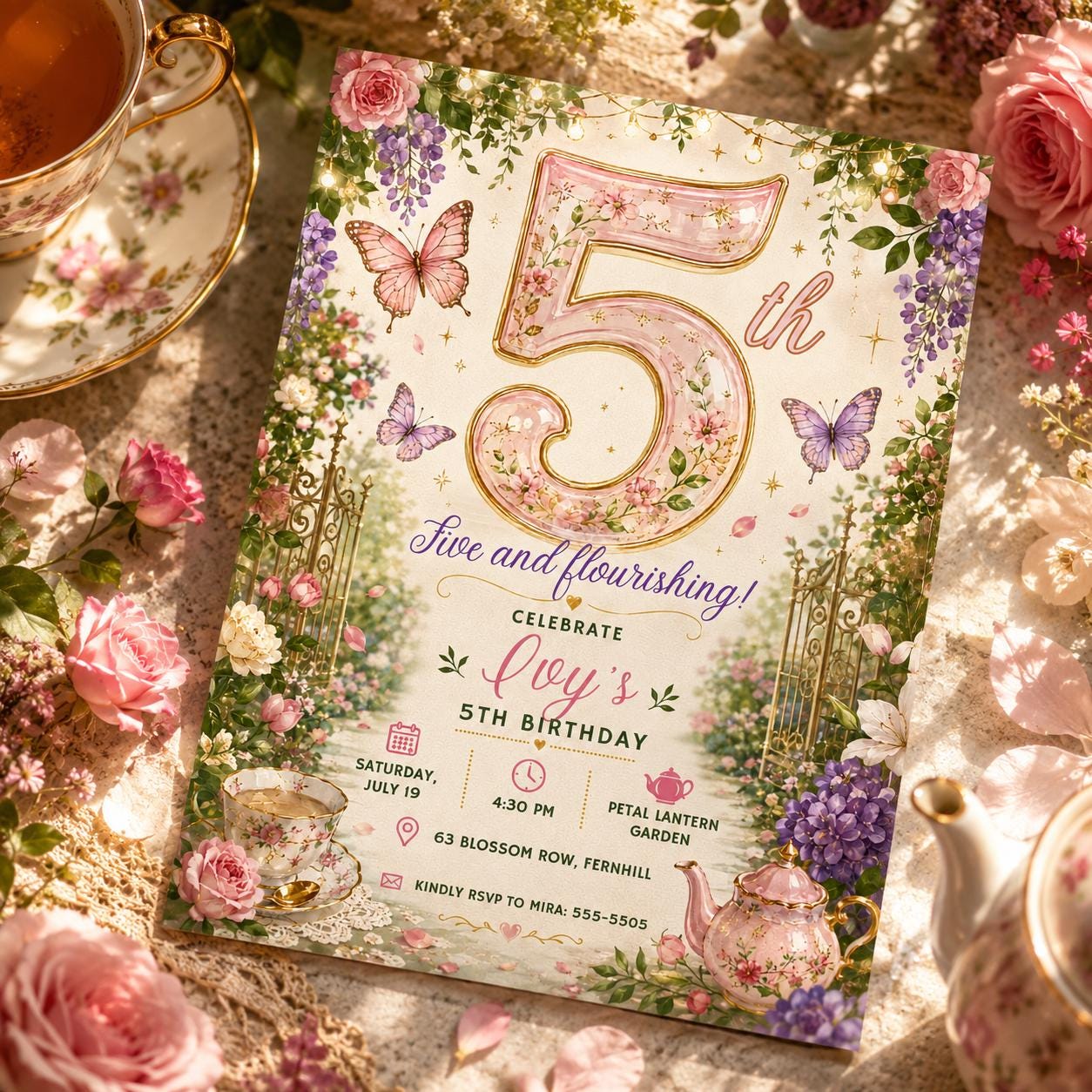 Tea Party Birthday Invitation, Floral 5th Birthday Girl Garden Par-tea Invite, Editable Printable Canva Template __etsy:8173844700
