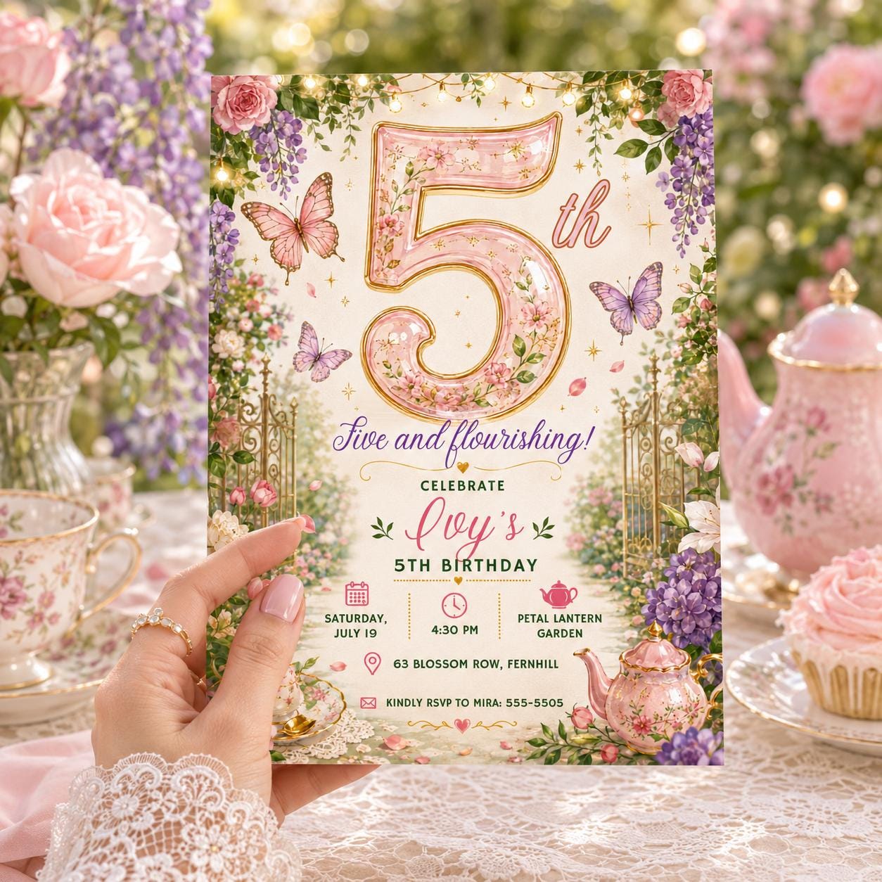 Tea Party Birthday Invitation, Floral 5th Birthday Girl Garden Par-tea Invite, Editable Printable Canva Template __etsy:8173844702