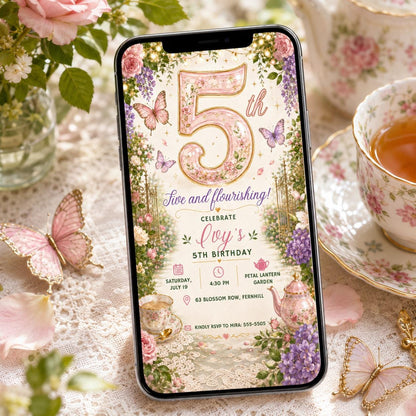 Tea Party Birthday Invitation, Floral 5th Birthday Girl Garden Par-tea Invite, Editable Printable Canva Template __etsy:8173844696