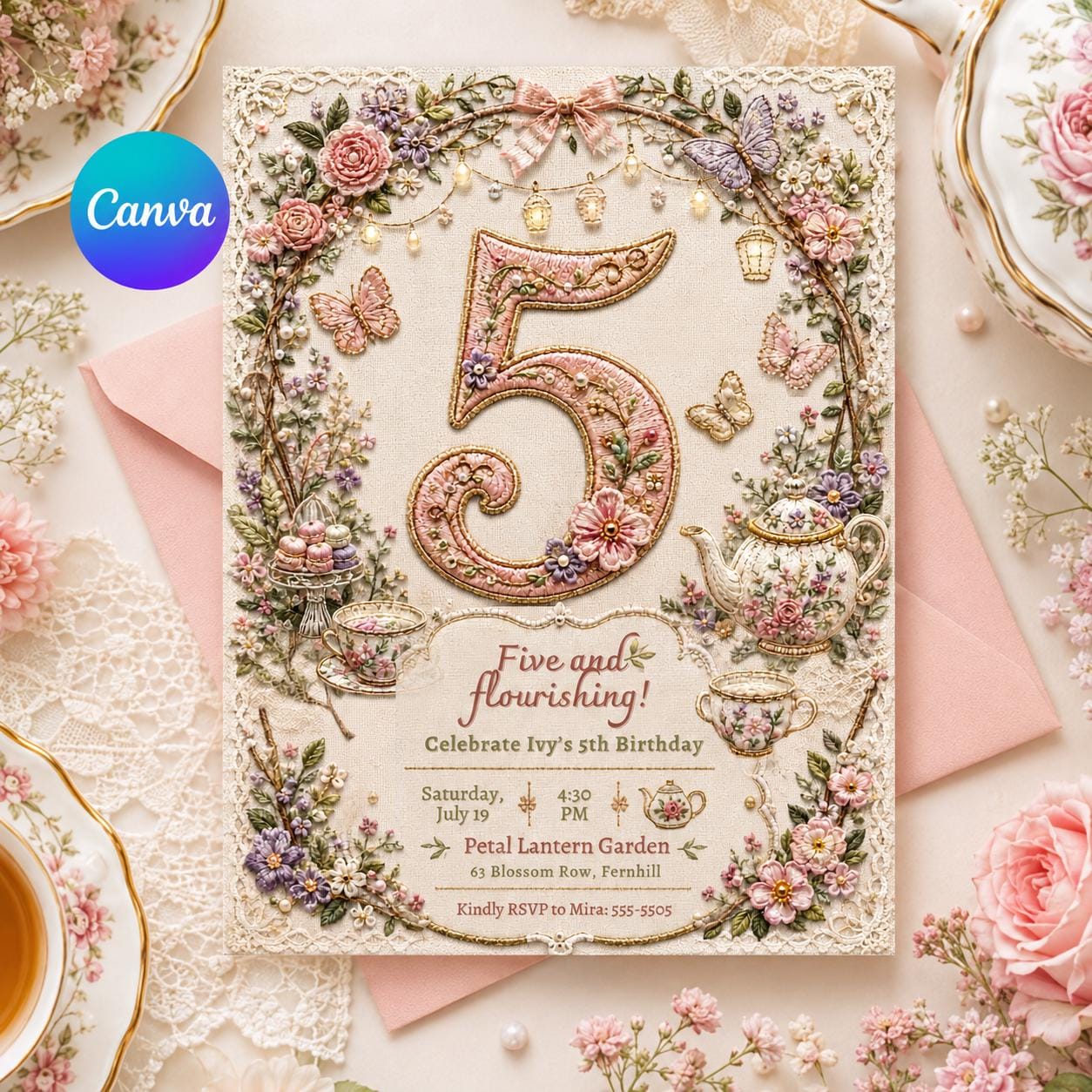 Tea Party Birthday Invitation, Girl Par-tea Floral 5th Invite, Editable Five and Flourishing Canva Template __etsy:8221777975