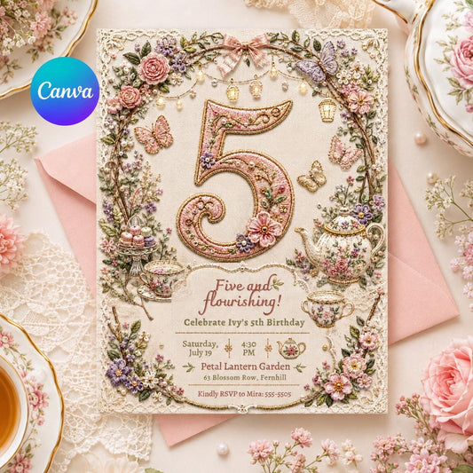 Tea Party Birthday Invitation, Girl Par-tea Floral 5th Invite, Editable Five and Flourishing Canva Template __etsy:8221777975