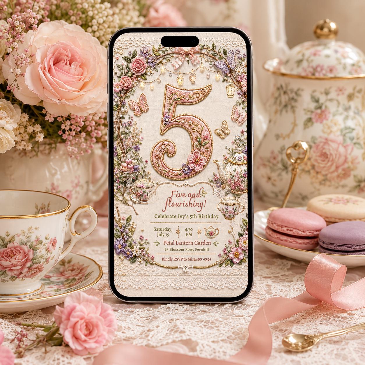 Tea Party Birthday Invitation, Girl Par-tea Floral 5th Invite, Editable Five and Flourishing Canva Template __etsy:8221778011