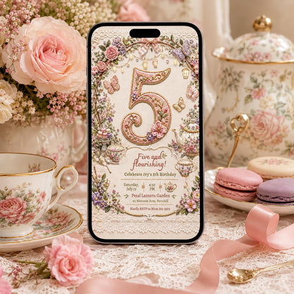 Tea Party Birthday Invitation, Girl Par-tea Floral 5th Invite, Editable Five and Flourishing Canva Template __etsy:8221778011