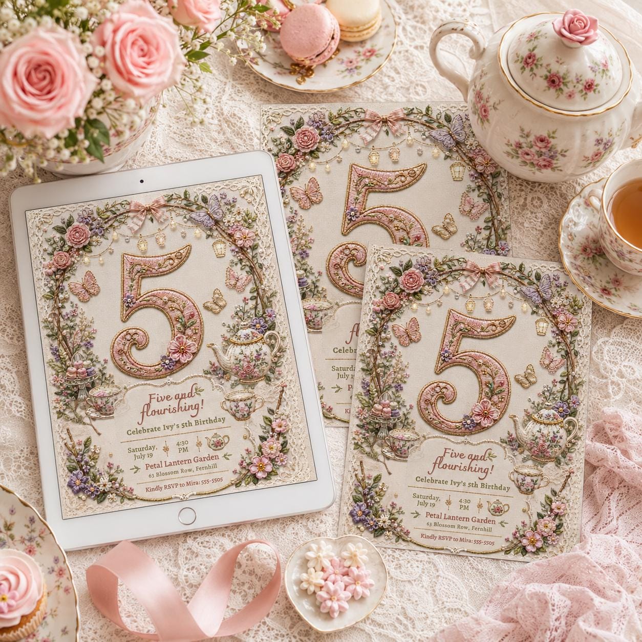 Tea Party Birthday Invitation, Girl Par-tea Floral 5th Invite, Editable Five and Flourishing Canva Template __etsy:8221778015
