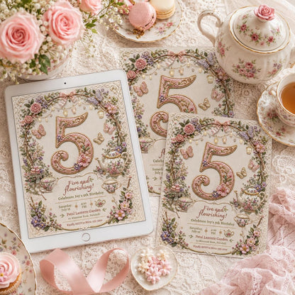 Tea Party Birthday Invitation, Girl Par-tea Floral 5th Invite, Editable Five and Flourishing Canva Template __etsy:8221778015