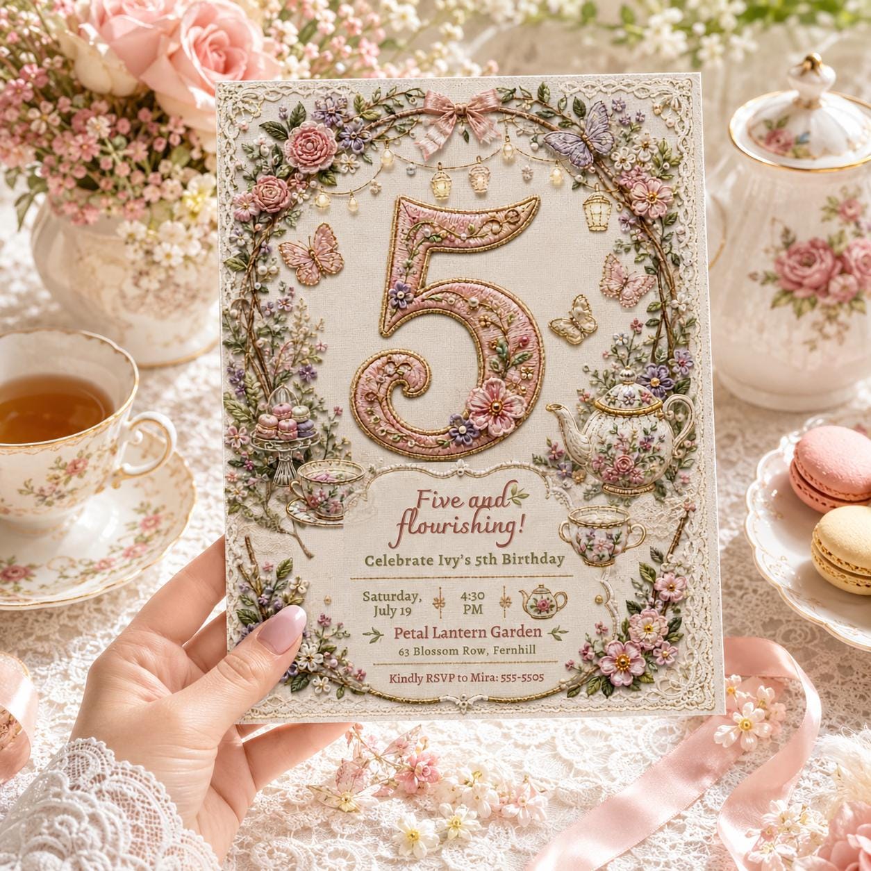 Tea Party Birthday Invitation, Girl Par-tea Floral 5th Invite, Editable Five and Flourishing Canva Template __etsy:8221778013