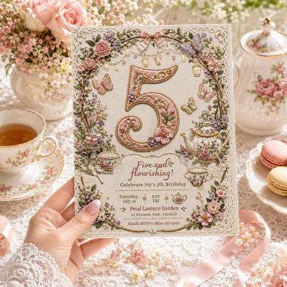 Tea Party Birthday Invitation, Girl Par-tea Floral 5th Invite, Editable Five and Flourishing Canva Template __etsy:8221778013