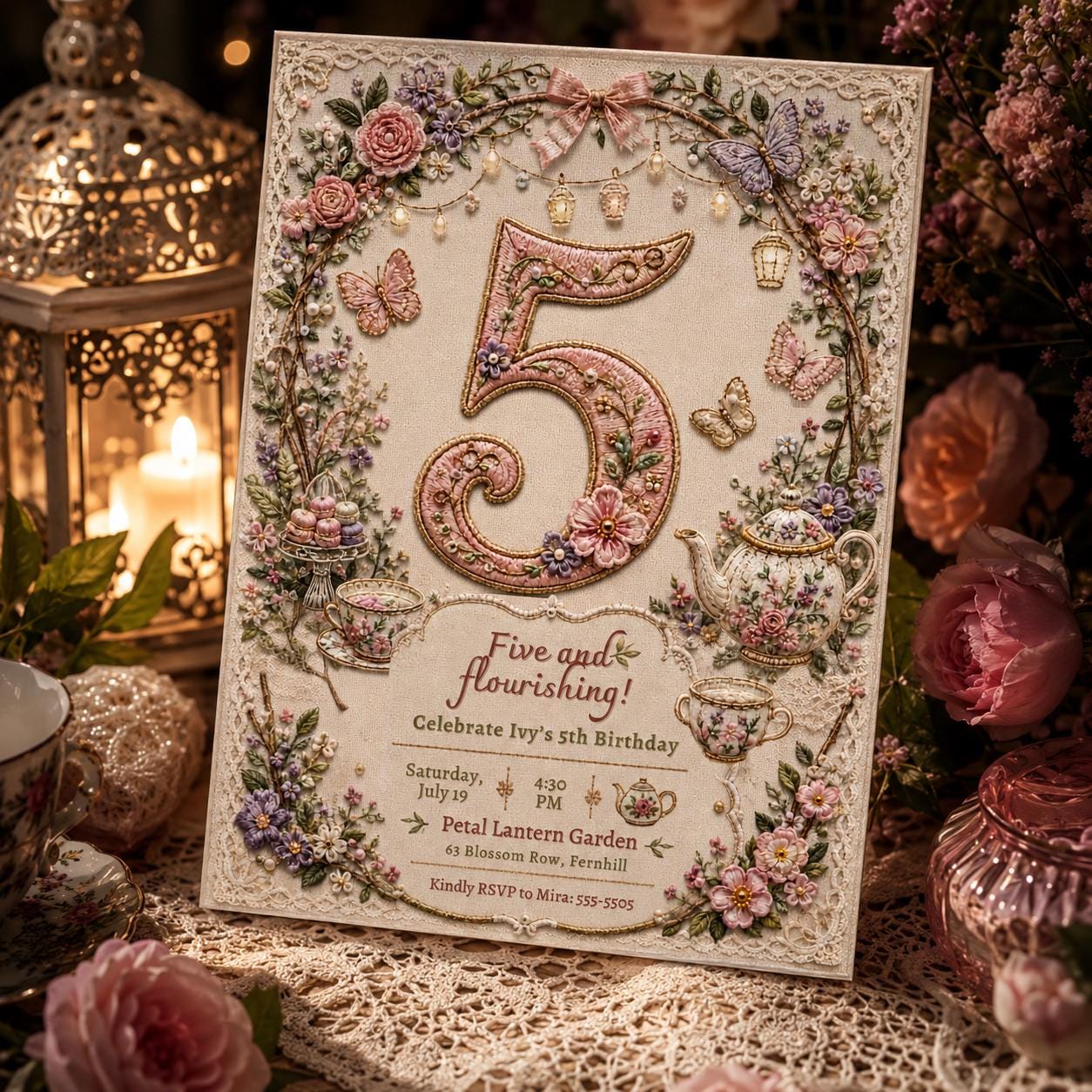 Tea Party Birthday Invitation, Girl Par-tea Floral 5th Invite, Editable Five and Flourishing Canva Template __etsy:8221778005