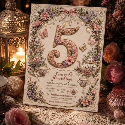 Tea Party Birthday Invitation, Girl Par-tea Floral 5th Invite, Editable Five and Flourishing Canva Template __etsy:8221778005