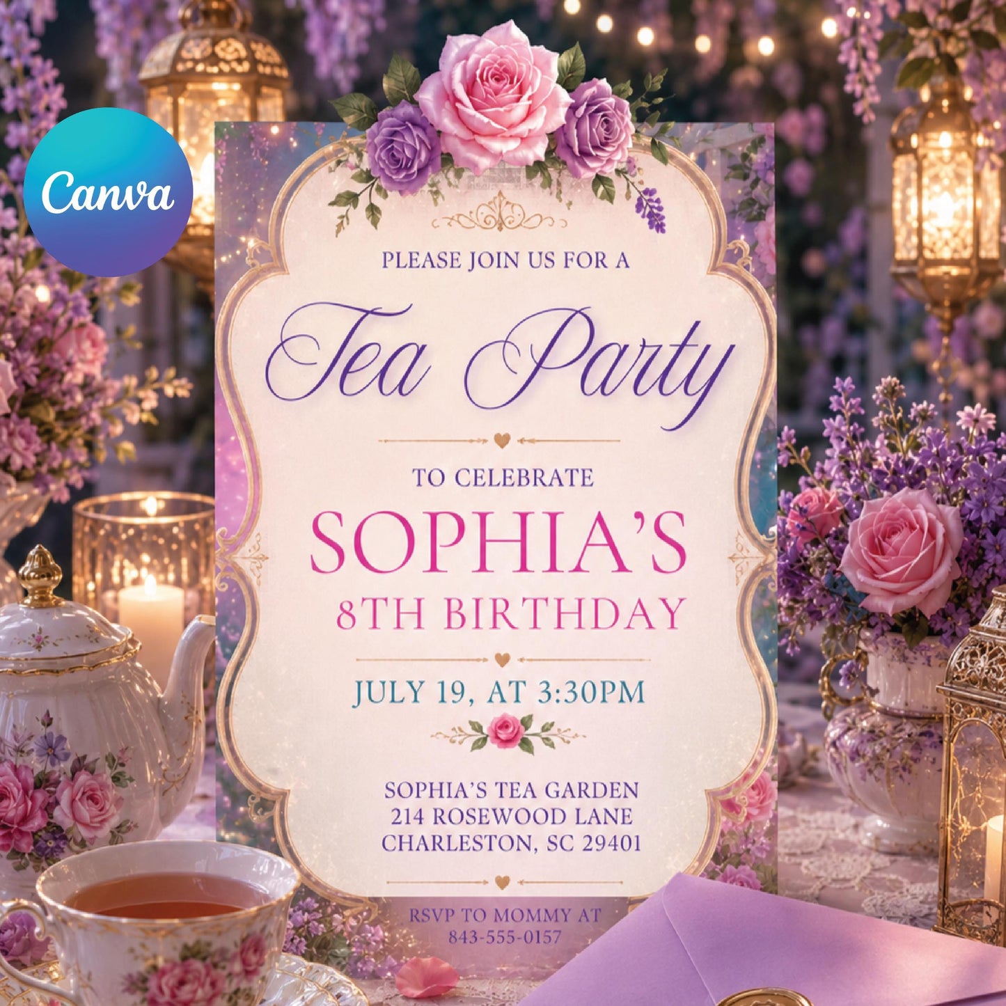 Tea Party Birthday Invitation, Par Tea Birthday Invite, Pink Floral Tea Party, Girls Birthday, Editable Canva Template __etsy:8012374072