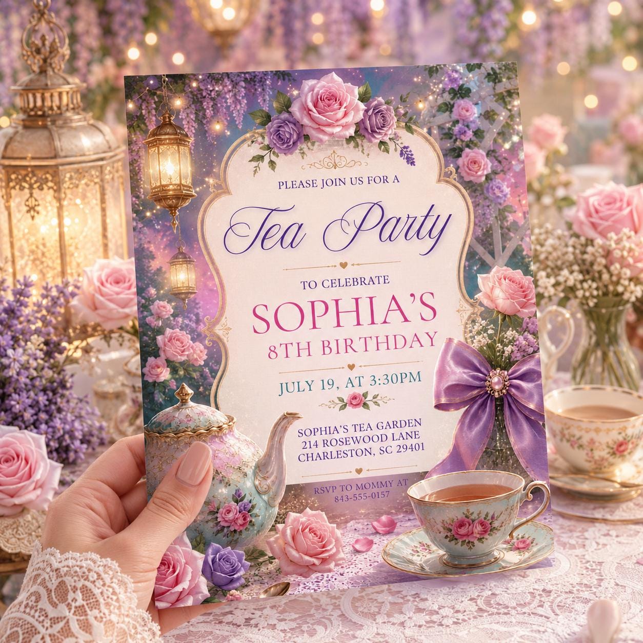 Tea Party Birthday Invitation, Par Tea Birthday Invite, Pink Floral Tea Party, Girls Birthday, Editable Canva Template __etsy:8012373470