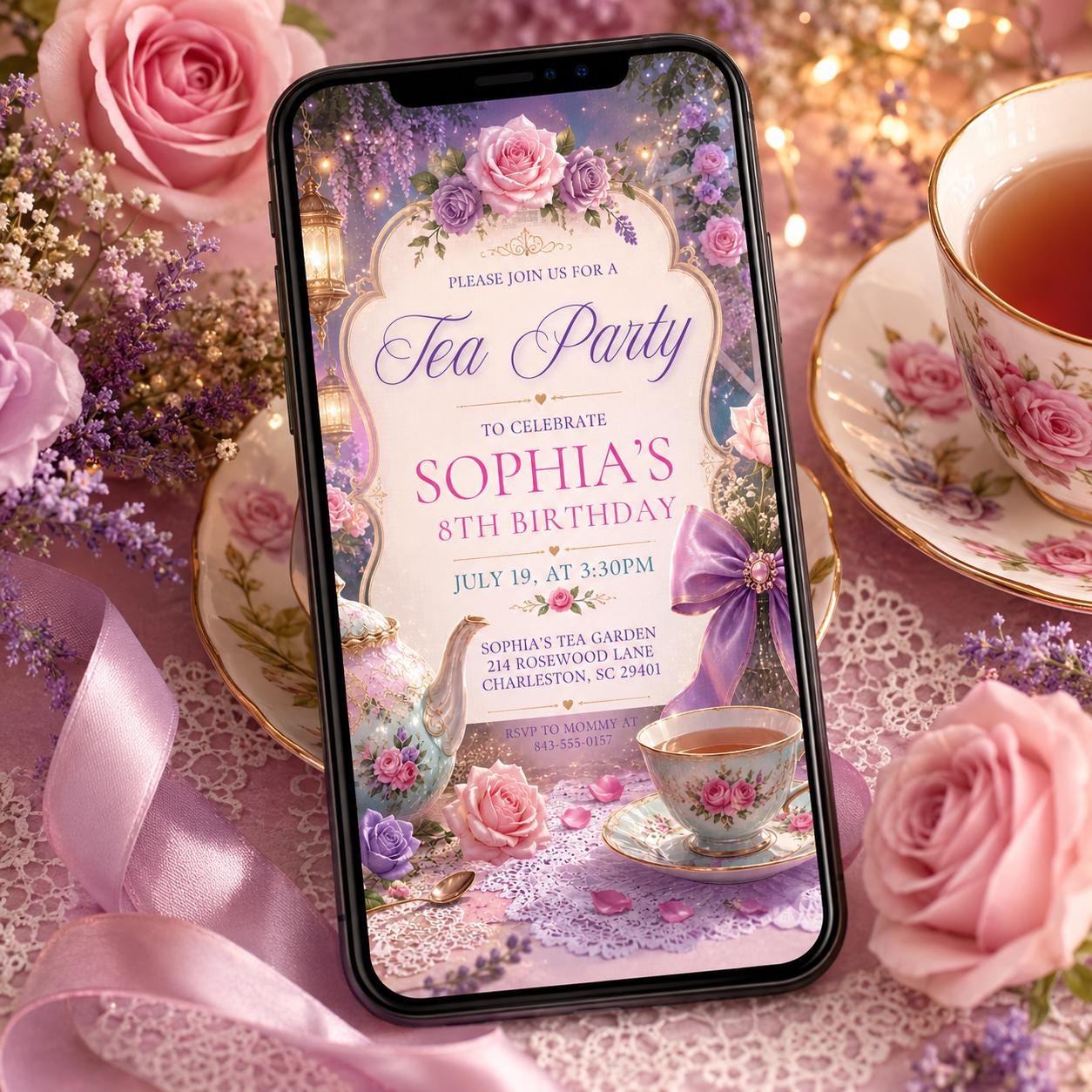 Tea Party Birthday Invitation, Par Tea Birthday Invite, Pink Floral Tea Party, Girls Birthday, Editable Canva Template __etsy:8012373474