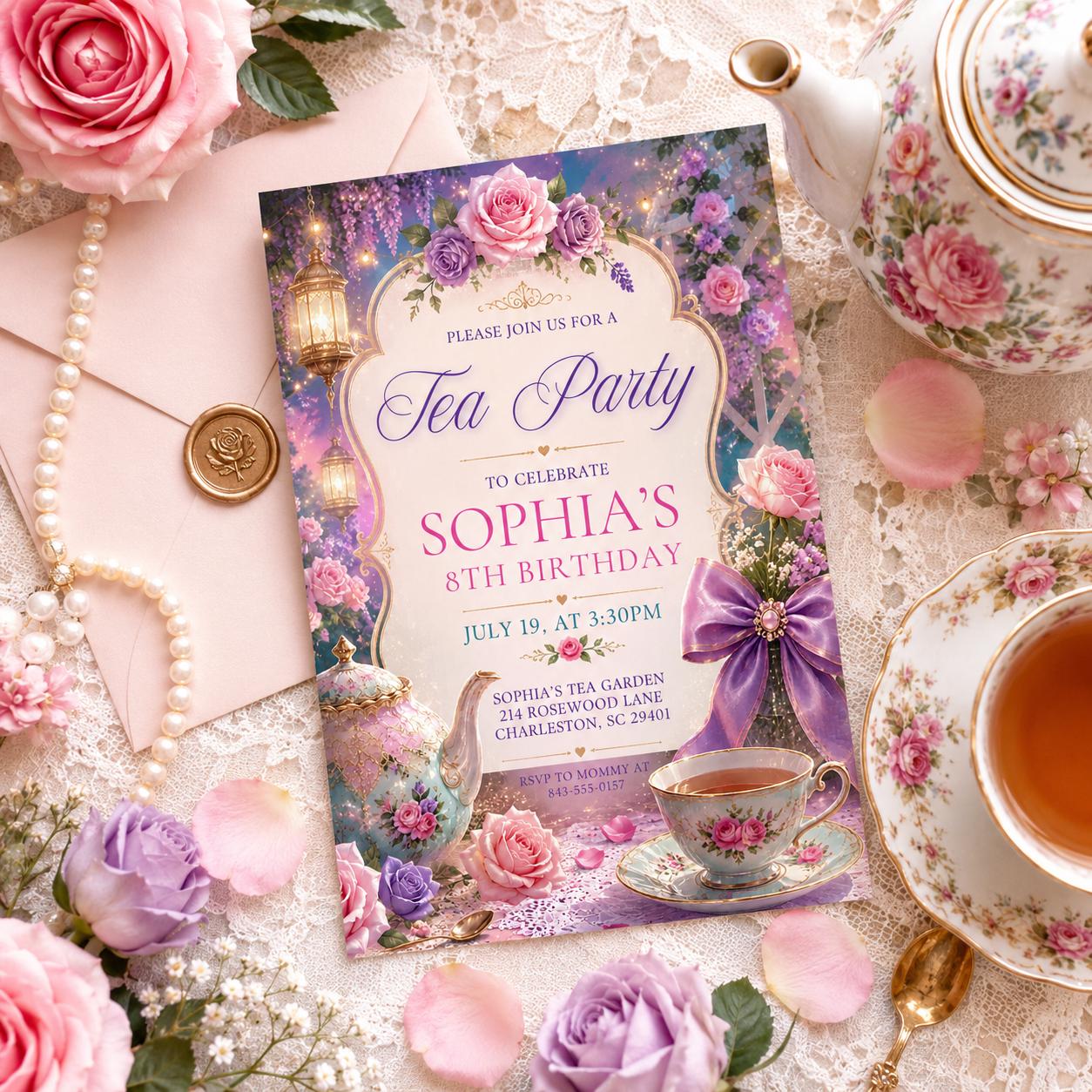 Tea Party Birthday Invitation, Par Tea Birthday Invite, Pink Floral Tea Party, Girls Birthday, Editable Canva Template __etsy:8012373496