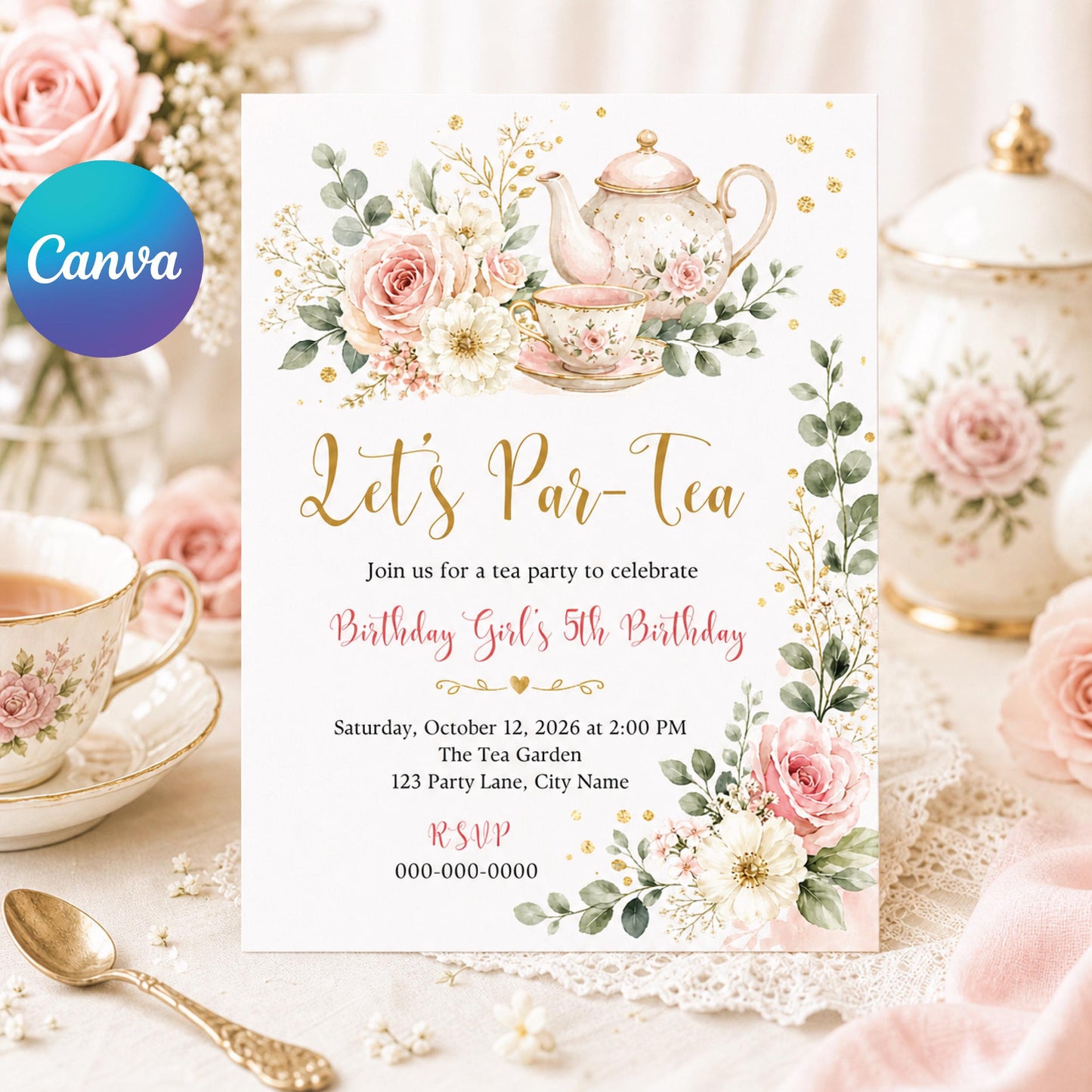 Tea Party Birthday Invitation | Par Tea Birthday Invite | Pink Floral Tea Party | Girls Birthday | Editable Digital Download __etsy:7976655272