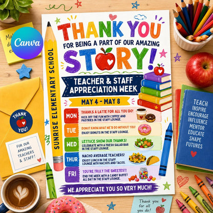 Teacher Appreciation Week Flyer Template, Printable Teacher & Staff Appreciation Template, Editable Daily Schedule, DIY in Canva __etsy:8056615757