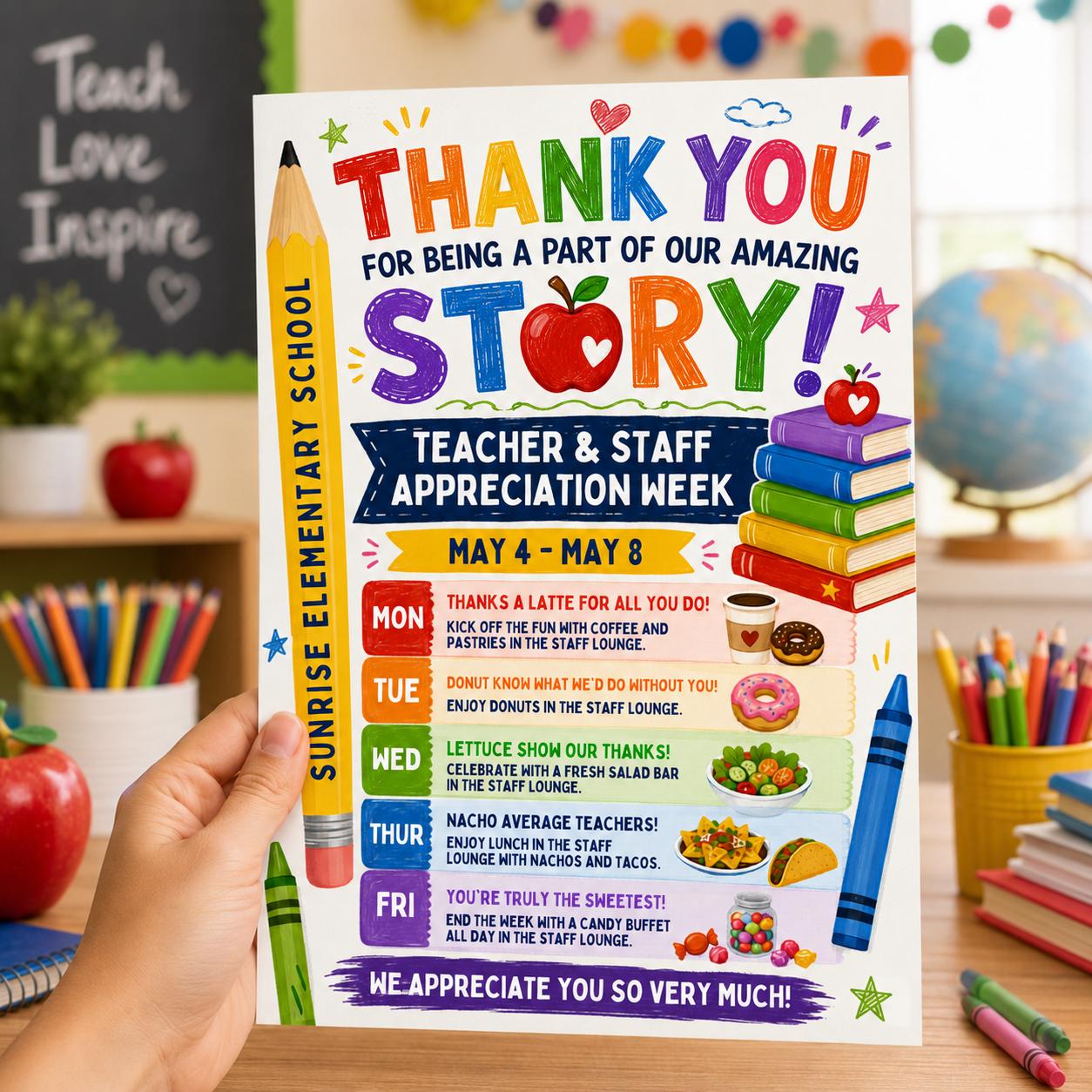 Teacher Appreciation Week Flyer Template, Printable Teacher & Staff Appreciation Template, Editable Daily Schedule, DIY in Canva __etsy:8056611327