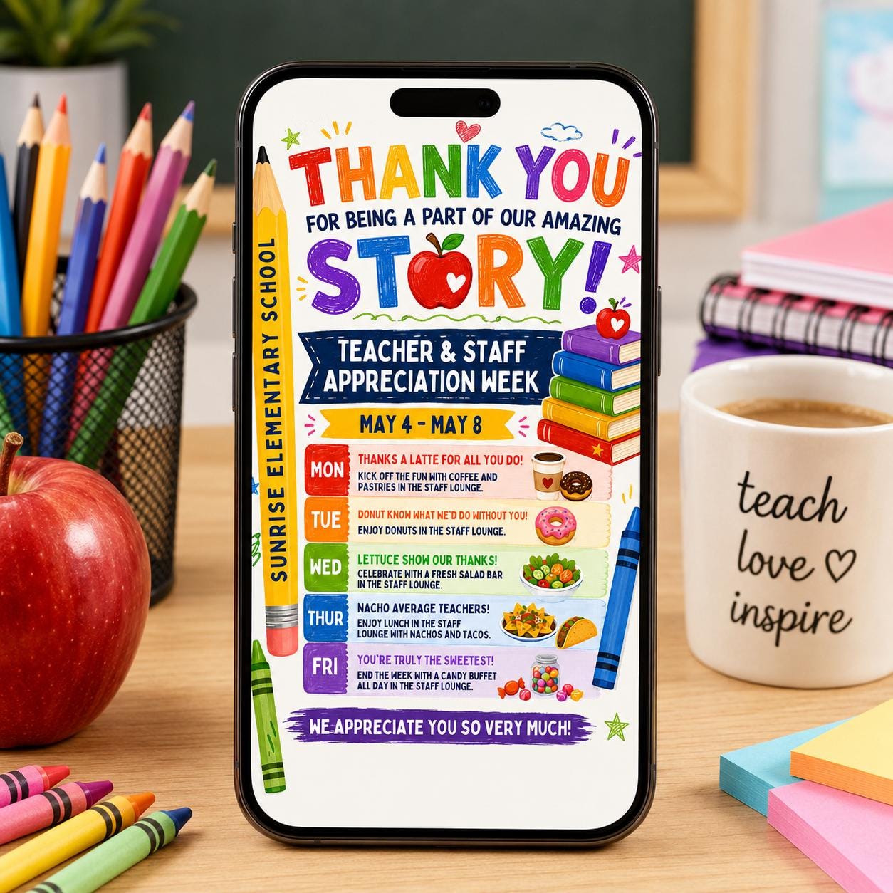Teacher Appreciation Week Flyer Template, Printable Teacher & Staff Appreciation Template, Editable Daily Schedule, DIY in Canva __etsy:8008693992