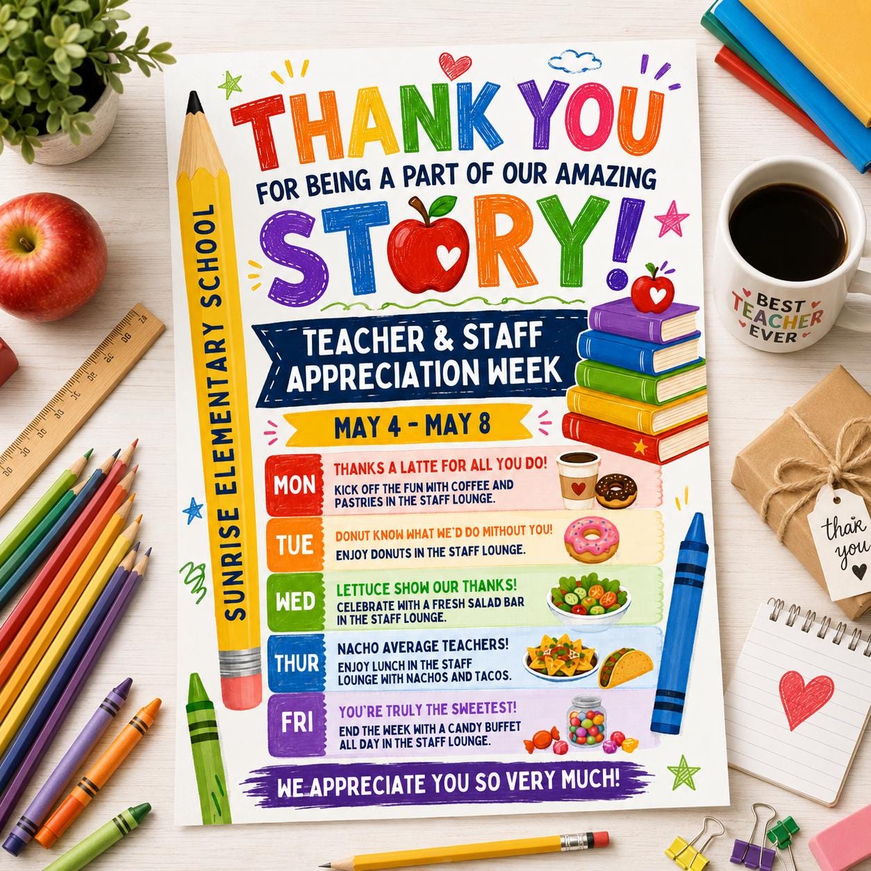 Teacher Appreciation Week Flyer Template, Printable Teacher & Staff Appreciation Template, Editable Daily Schedule, DIY in Canva __etsy:8056611761
