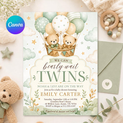 Teddy Bear Twins Baby Shower Invitation We Can Bearly Wait Twin Bears Invite Neutral Brown Beige Pampas Grass Air Balloons, Canva Template __etsy:8056915497