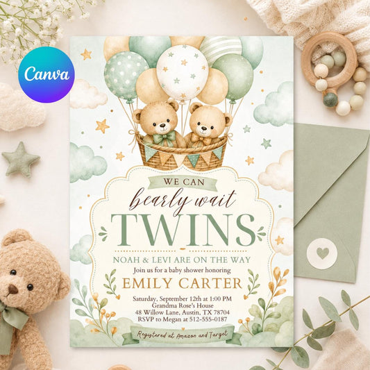 Teddy Bear Twins Baby Shower Invitation We Can Bearly Wait Twin Bears Invite Neutral Brown Beige Pampas Grass Air Balloons, Canva Template __etsy:8056915497