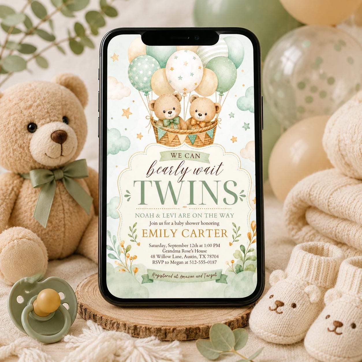 Teddy Bear Twins Baby Shower Invitation We Can Bearly Wait Twin Bears Invite Neutral Brown Beige Pampas Grass Air Balloons, Canva Template __etsy:8056909421