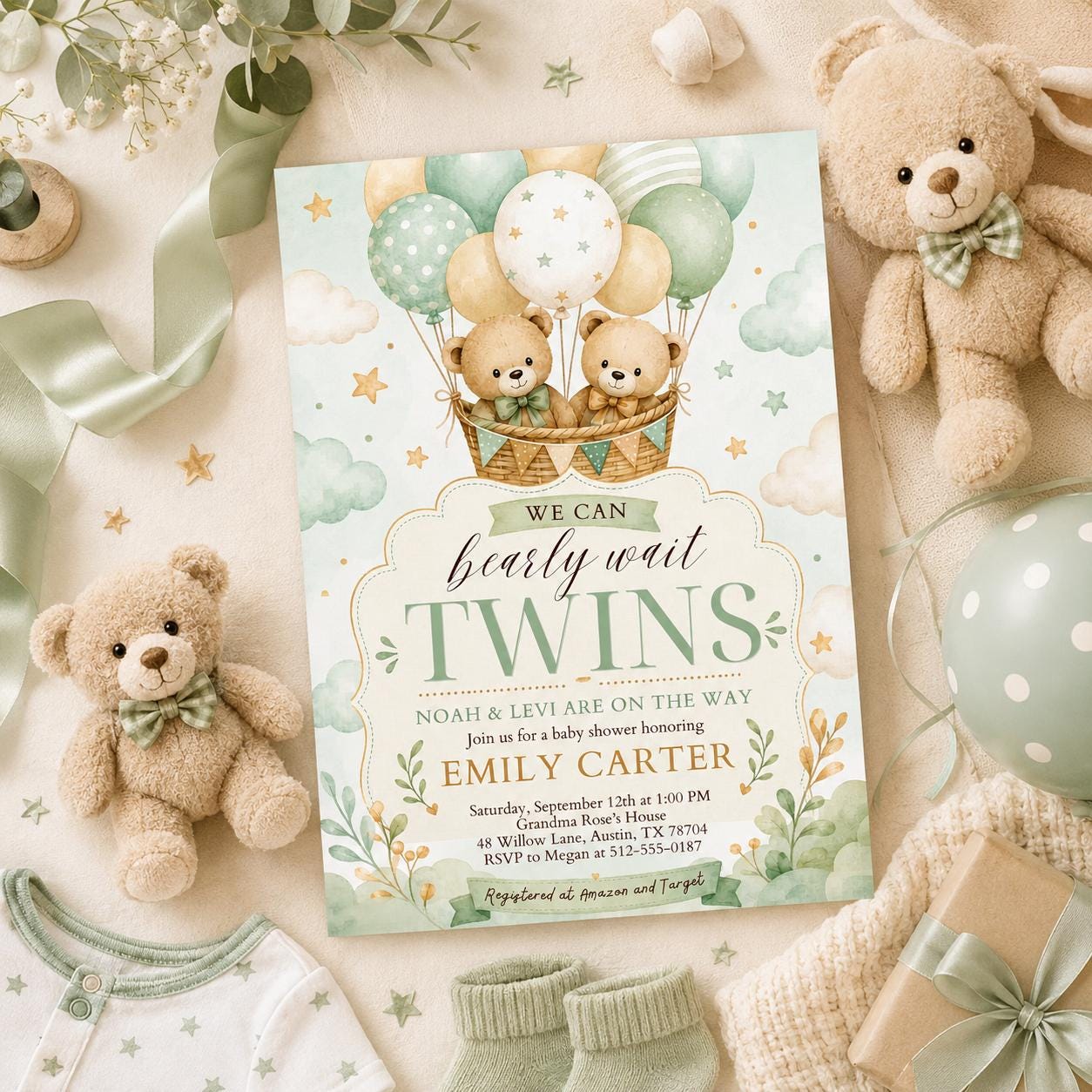 Teddy Bear Twins Baby Shower Invitation We Can Bearly Wait Twin Bears Invite Neutral Brown Beige Pampas Grass Air Balloons, Canva Template __etsy:8008991784