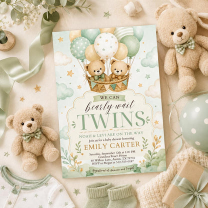 Teddy Bear Twins Baby Shower Invitation We Can Bearly Wait Twin Bears Invite Neutral Brown Beige Pampas Grass Air Balloons, Canva Template __etsy:8008991784