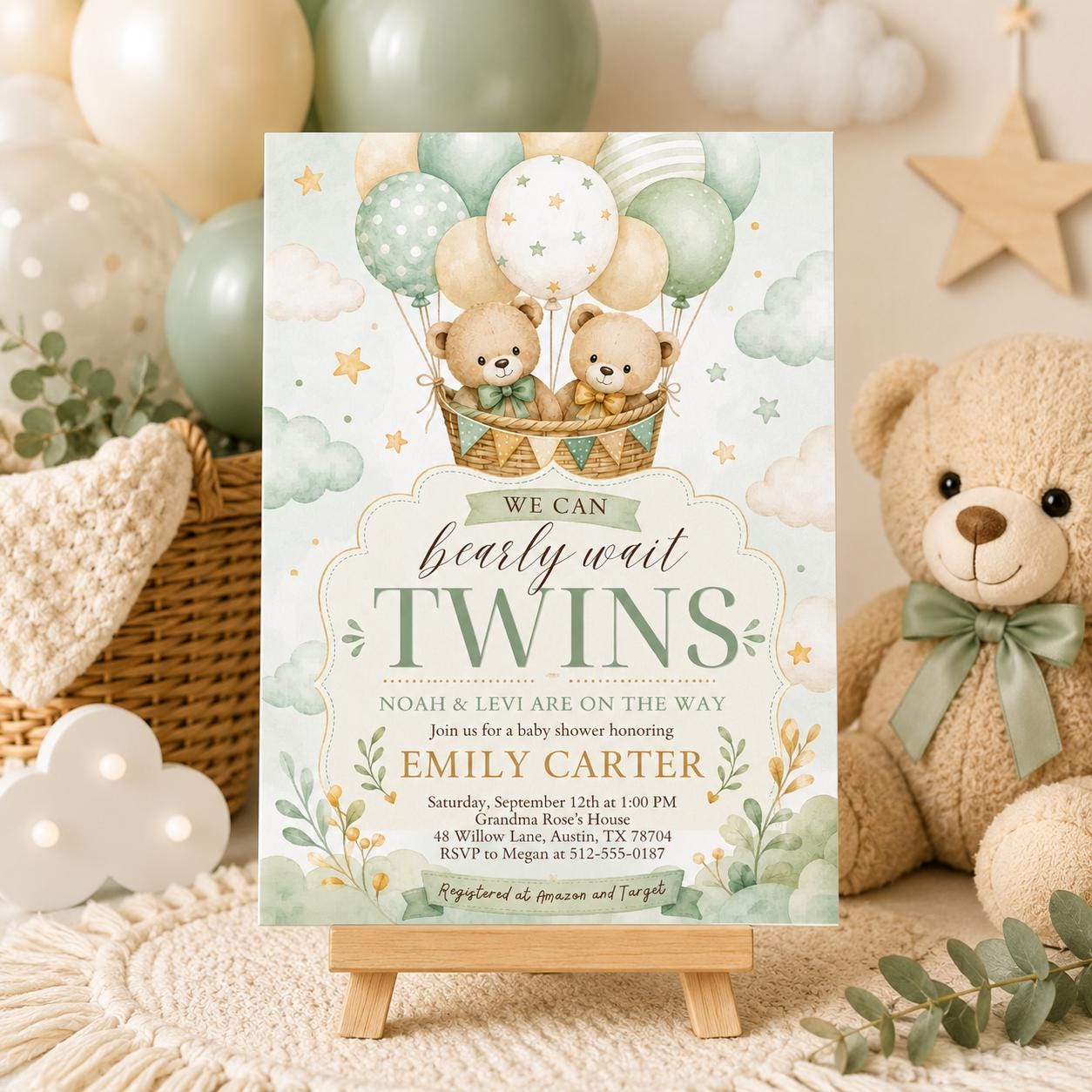Teddy Bear Twins Baby Shower Invitation We Can Bearly Wait Twin Bears Invite Neutral Brown Beige Pampas Grass Air Balloons, Canva Template __etsy:8056909653