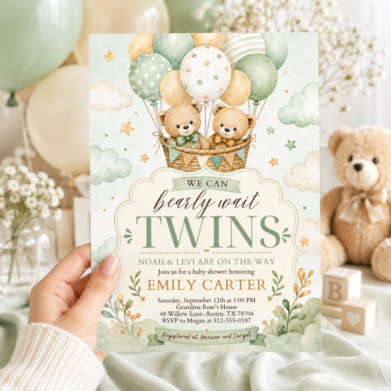 Teddy Bear Twins Baby Shower Invitation We Can Bearly Wait Twin Bears Invite Neutral Brown Beige Pampas Grass Air Balloons, Canva Template __etsy:8056909649