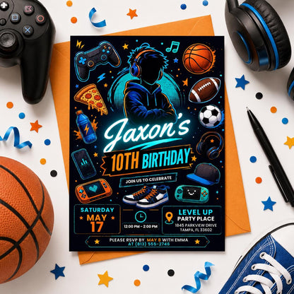 Teen Boy Birthday Party, Gaming invite, Basketball, Pizza & Music Theme, Tween Party Invite, Editable 10th Birthday Invitation, Canva invite __etsy:8046161987