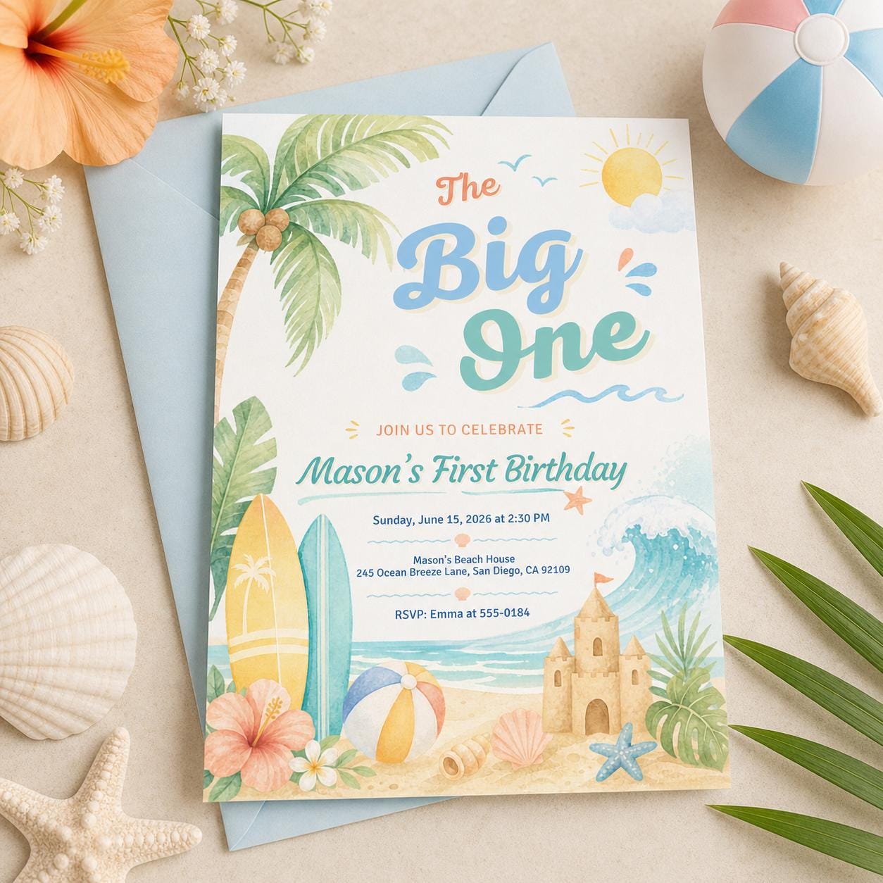 The Big One Birthday Invitation, Editable Surf Party Template, Tropical Summer Pool Digital Invite, Blue Beach Bash, Editable Canva Template __etsy:8033969773