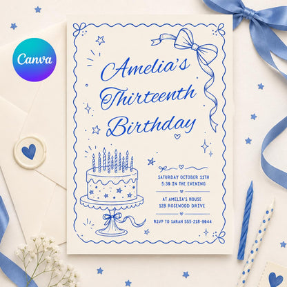 Thirteen Birthday Invitation, 13th Birthday Invite, Agate Invitation, Pastel Invite, Fancy Girl Party, Editable Canva Template __etsy:8050047935