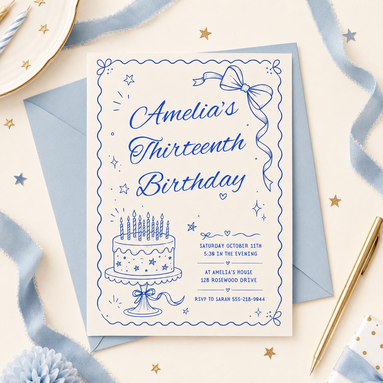 Thirteen Birthday Invitation, 13th Birthday Invite, Agate Invitation, Pastel Invite, Fancy Girl Party, Editable Canva Template __etsy:8002116296