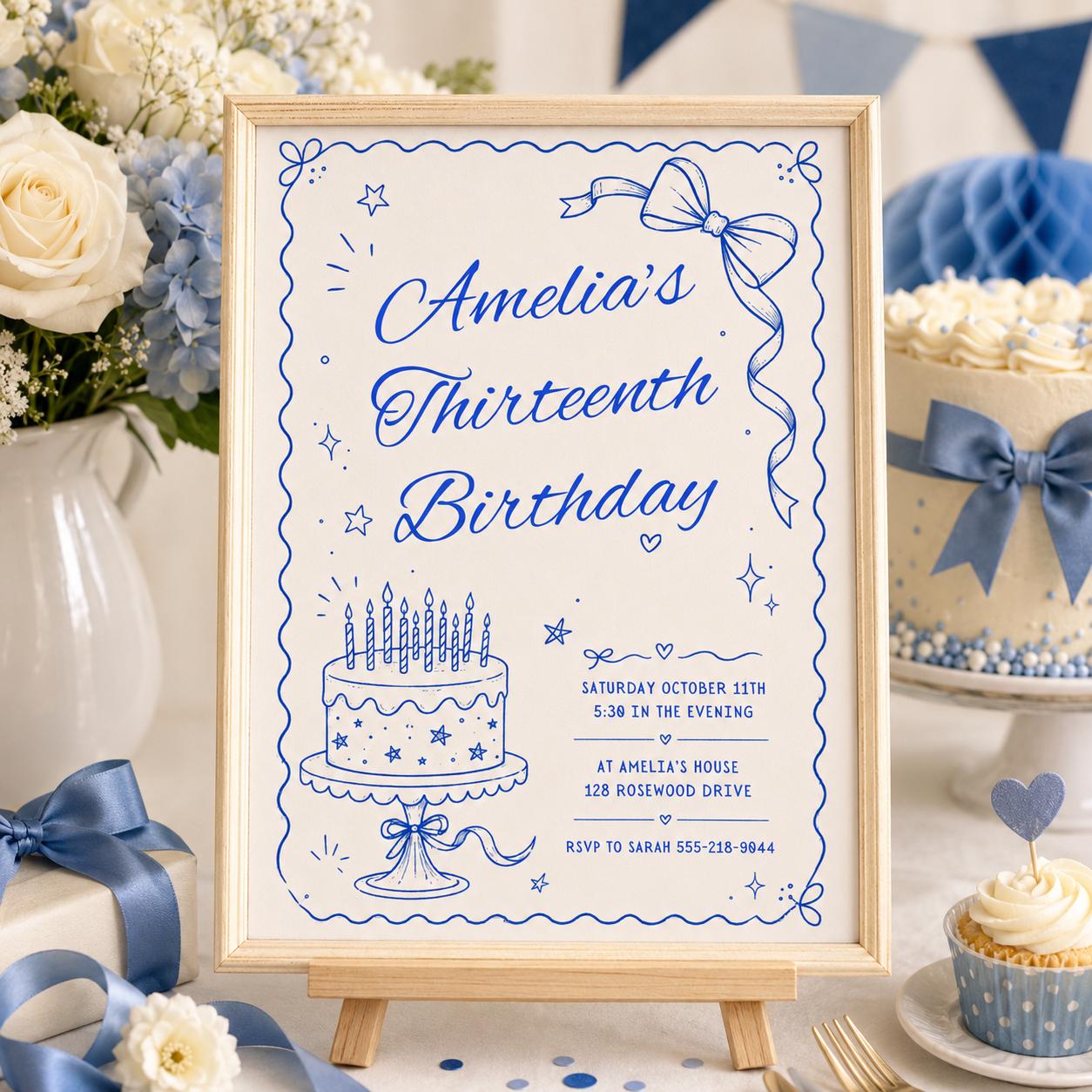 Thirteen Birthday Invitation, 13th Birthday Invite, Agate Invitation, Pastel Invite, Fancy Girl Party, Editable Canva Template __etsy:8002116330