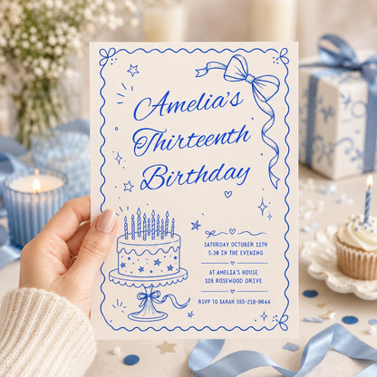 Thirteen Birthday Invitation, 13th Birthday Invite, Agate Invitation, Pastel Invite, Fancy Girl Party, Editable Canva Template __etsy:8002116336