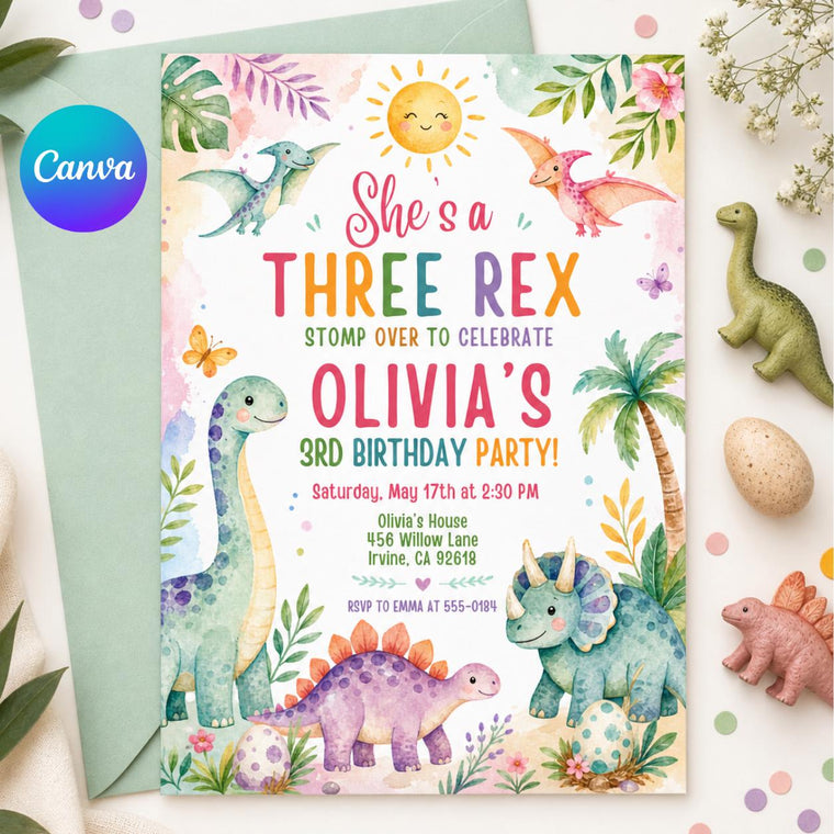 Pink Pastel Three Rex Birthday Dinosaur Birthday Invitation
