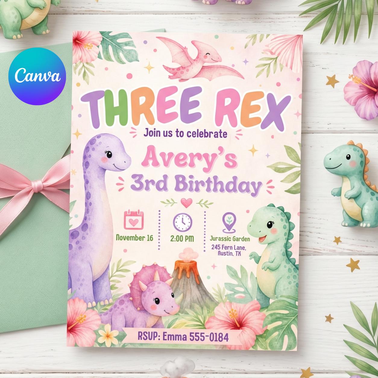 Three Rex Invitation, Dinosaur Birthday Invite, 3 rex invitation Template, Editable Canva Dinosaur Template __etsy:7987938712
