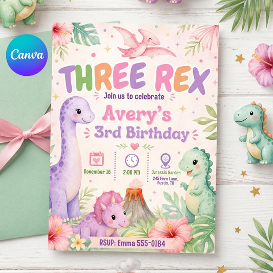 Three Rex Invitation, Dinosaur Birthday Invite, 3 rex invitation Template, Editable Canva Dinosaur Template __etsy:7987938712