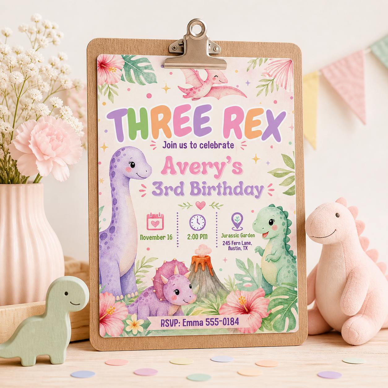Three Rex Invitation, Dinosaur Birthday Invite, 3 rex invitation Template, Editable Canva Dinosaur Template __etsy:7987826996