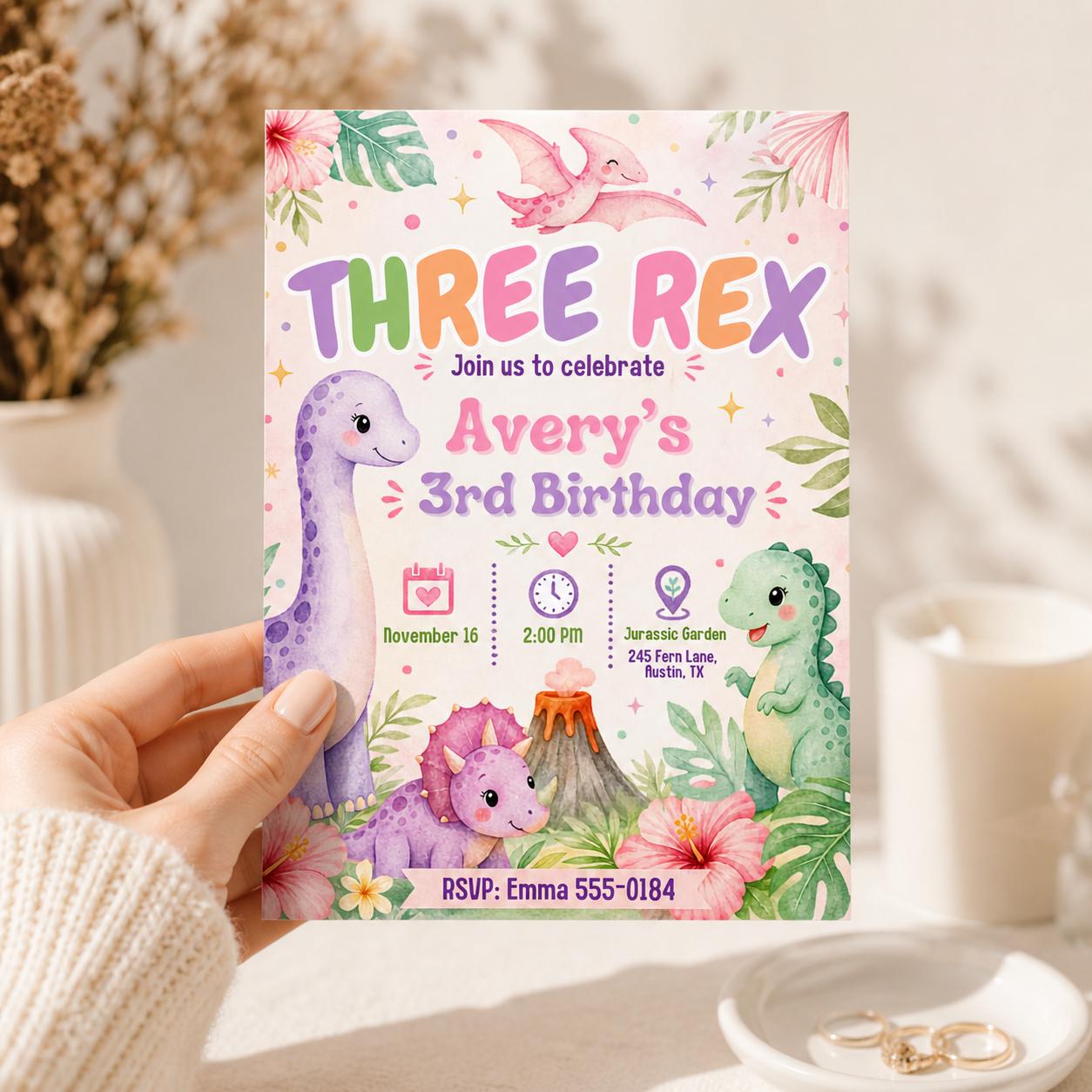 Three Rex Invitation, Dinosaur Birthday Invite, 3 rex invitation Template, Editable Canva Dinosaur Template __etsy:8035766749