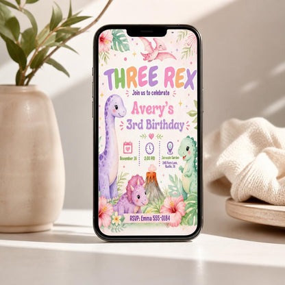 Three Rex Invitation, Dinosaur Birthday Invite, 3 rex invitation Template, Editable Canva Dinosaur Template __etsy:7987826994